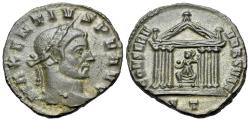 Ancient Coins - Maxentius (AD 307-312). Æ Follis. Ticinum, 307-8. R/ Roma seated in hexastyle temple