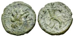 Ancient Coins - Sicily, Aitna, c. 210-150 BC. Æ Hexas. Head of Persephone. Filleted cornucopia.