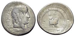 Ancient Coins - Mn. Fonteius C.F., Rome, 85 BC. AR Denarius. Laureate head of Apollo-Vejovis r.; thunderbolt below, monogram to lower r. R/ Cupid riding goat r.