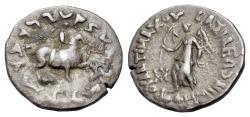 Ancient Coins - Indo-Greek. Antimachos II Nikephoros. Circa 160-155 BC. AR Drachm. NIKE R/ Antimachos on horseback.