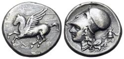 Ancient Coins - AKARNANIA, Leukas. Circa 320-280 BC. AR Stater. Pegasos R/ Helmeted head of Athena. Macedonian helmet