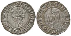 World Coins - Spain, Castile and León. Juan I (1379-1390). AR Blanca de Agnus Dei. Seville. Lamb of God with banner  R/ Crowned Gothic J with trefoil.