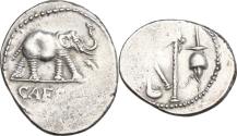 Ancient Coins - Julius Caesar. AR Denarius, mint moving with Caesar, 49-48 BC.  Elephant R/ Pontifical emblems: simpulum, aspergillum, axe and apex.