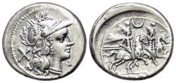 Ancient Coins - ROME REPUBLIC Crescent series, Rome, 207 BC. AR Denarius. R/ Dioscuri on horseback; crescent between the riders above