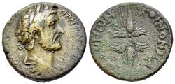 Ancient Coins - Antoninus Pius (138-161). Koinon of Macedon. Æ 25mm. R/ Winged thunderbolt.