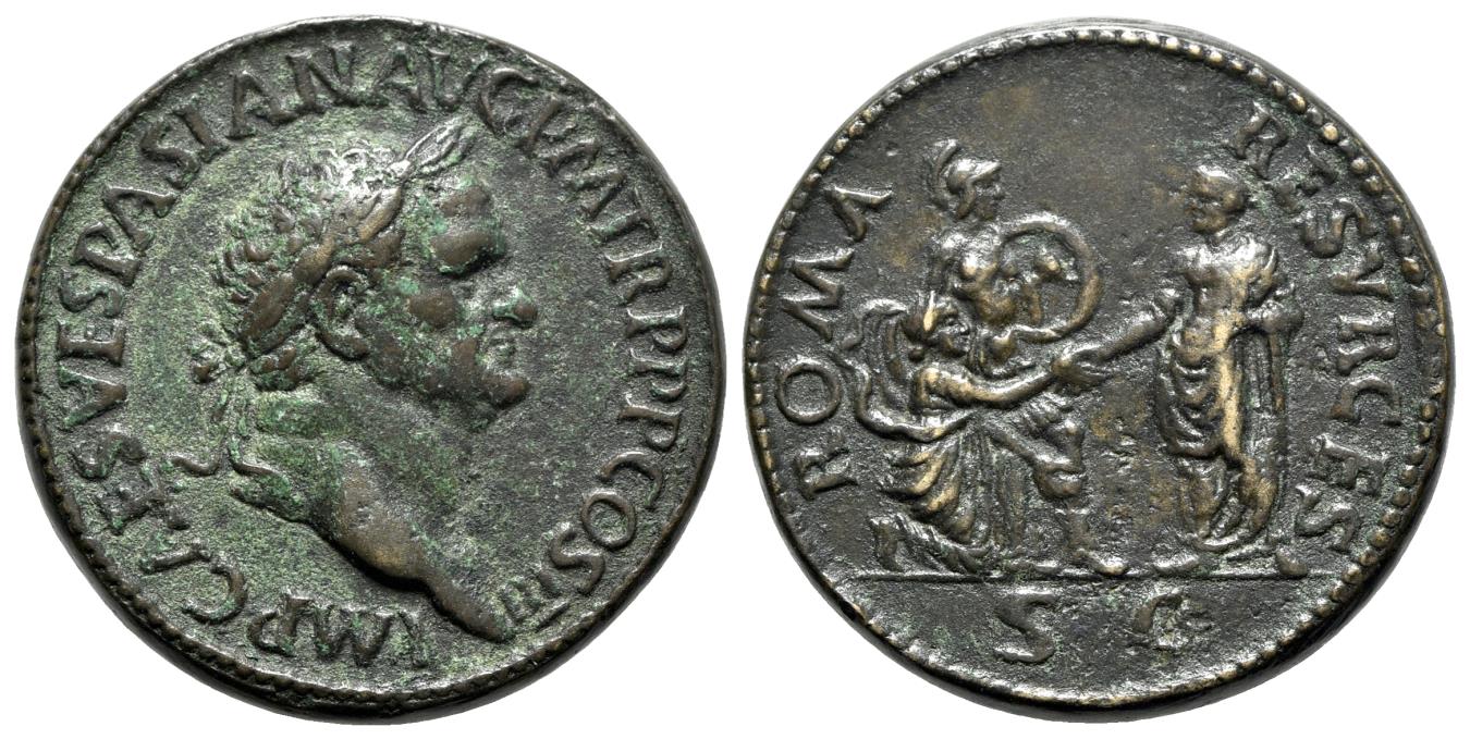 Paduan Medals, Vespasian (69-79). Æ Medallion - R/ Emperor with Roma ...