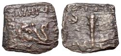 Ancient Coins - Indo Greek Kingdom. Menander I Soter. Circa 155-130 BC. Æ 14x14mm. Square module. Head of Elephant R/ Club of Herakles