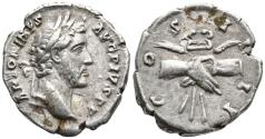 Ancient Coins - Antoninus Pius (138-161). AR Denarius. Rome, 145-7. R/ Clasped hands holding caduceus between two stalks of grain