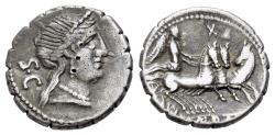 Ancient Coins - ROME REPUBLIC C. Naevius Balbus. 79 BC. AR Serrate Denarius. Rome mint. R/ Victory driving galloping triga