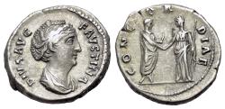 Ancient Coins - Diva Faustina I (Died 140/1) AR Denarius R/ CONCORDIAE Antoninus clasping right hands with Faustina