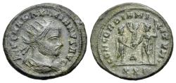 Ancient Coins - Maximianus Herculius (AD 286-305). Æ Antoninianus. Cyzicus. Bust r. R/ CONCORDIA MILITVM, Δ in lower centre field. In exergue XXI.