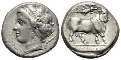 Ancient Coins - Italy, Campania, Neapolis, c. 300-275 BC. AR Nomos. Diademed head of nymph, ladle behind. R/Man-headed bull