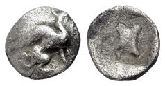 Ancient Coins - Troas, Assos (?), 5th century BC. AR Tetartemorion. Griffin / Astragalos RARE