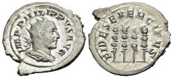 Ancient Coins - Philippus I 'the Arab' (AD 244-249). AR Antoninianus. R/ FIDES EXERCITVS. Legionary eagle between three standards