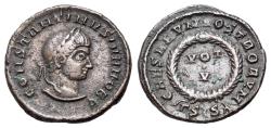 Ancient Coins - Constantine II (as Caesar, 316-337). Æ Nummus. Siscia mint, AD 320–321. R/ CAESARVM NOSTRORVM - VOT / V