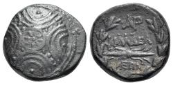 Ancient Coins - Lydia, Philadelphia (2nd-1st centuries BC). Æ 14mm. Macedonian shield. R/ Winged thunderbolt