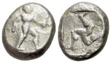 Ancient Coins - Pamphylia, Aspendos, c. 465-430 BC. AR Stater. Warrior R/ Triskeles