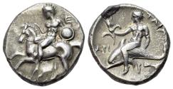 Ancient Coins - ITALY CALABRIA, Tarentum (Circa 280 BC). AR Nomos. R/ Phalanthos riding dolphin