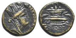 Ancient Coins - Seleucis and Pieria, Antioch, Civic Issue. 1st century BC. Æ 16.5mm. Dated year 114 (AD 65/6). Bust of Tyche  R/ Garlanded altar