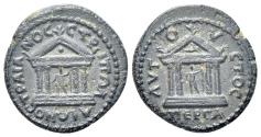 Ancient Coins - Divus Trajan (Died 117). Mysia, Pergamum. Æ 19mm. Pollion, strategos. Tetrastyle temple, facing statue of Trajan