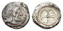 Ancient Coins - Sicily, Syracuse. Hieron I (478-466 BC). AR Obol, c. 475-470. Diademed head of Arethusa r. R/ Wheel of four spokes
