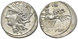 Ancient Coins - ROME REPUBLIC Lucius Appuleius Saturninus, Rome, 104 BC. AR Denarius. R/ Saturn in quadriga EXTREMELY FINE