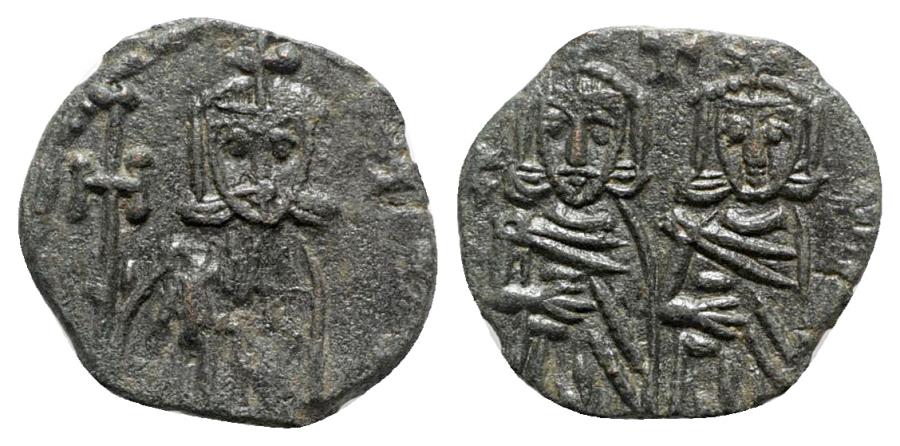 Ancient Coins - Constantine V with Leo IV (741-775). Æ 40 Nummi (20mm, 3.16g, 6h). Syracuse, 751-775.
