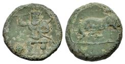 Ancient Coins - Balearic Islands. Ebusus, c. 210-early 2nd Century BC. Æ 15mm. Squatting Kabeiros / Bull