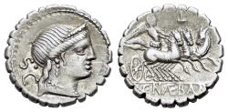 Ancient Coins - ROME REPUBLIC C. Naevius Balbus, Rome, 79 BC. AR Serrate Denarius. R/ Victory driving galloping triga