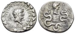 Ancient Coins - Marc Antony (Marcus Antonius, circa 39 BC) AR Cistophoric tetradrachm of Ephesus, Ionia. Head of Marc Antony R/ Head of Octavia