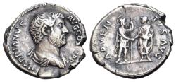 Ancient Coins - Hadrian (AD 117-138). AR Denarius. Rome, ca. 132 AD. R/ ADVENTVS AVG (Adventus Augusti)