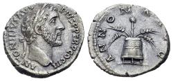 Ancient Coins - Antoninus Pius (AD 140-143) AR Denarius. Rome mint. R/ ANNONA AVG, modius with corn ears and poppy.