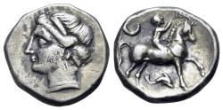 Ancient Coins - ITALY Southern Apulia, Tarentum. Campano-Tarentine series, c. 281-272 BC. AR Nomos. Diademed head of Satyra R/ Nude youth crowning horse