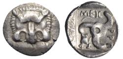 Ancient Coins - Dynasts of Lycia, Mithrapata (c. 390-370 BC). AR Diobol. Lion scalp facing. R/ Triskeles; astragalos to lower l.
