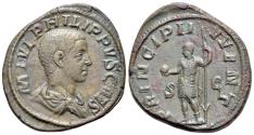 Ancient Coins - Philip II (Caesar, 244-247). Æ Sestertius. Rome, AD 246. R/ Philip II in military attire
