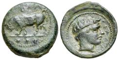 Ancient Coins - Sicily, Gela, c. 420-405 BC. Æ Tetras. Bull standing  R/ Head of horned river god