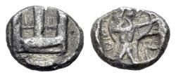 Ancient Coins - PHOENICIA, Sidon. temp. Baalshillem (Sakton) I-Ba’ana. Circa 425-401 BC. AR Sixteenth Shekel. Phoenician Galley. R/ King standing