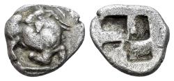 Ancient Coins - Thraco-Macedon Region, Mygdones or Krestones, c. 485-470 BC. AR Diobol. GOAT