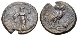 Ancient Coins - ITALY. Lucania, Metapontion, c. 225-200(?) BC. Æ 16mm. Athena Alkedeimos R/ OWL