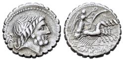 Ancient Coins - ROME REPUBLIC Q. Antonius Balbus. 83-82 BC. AR Serrate Denarius. Rome mint. Head of Jupiter R/ Victory driving galloping quadriga