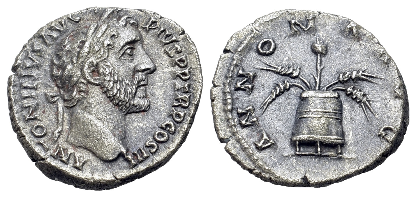 Modius Rome Antoninus Pius (AD 140-143) AR Denarius. Rome mint. R/ ANNONA AVG ...