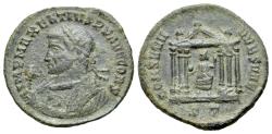 Ancient Coins - Maxentius (AD 307-312). Æ Follis. Ticinum, AD 308. Roma seated in hexastyle temple SCARCE