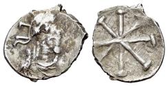 Ancient Coins - Constantine IV Pogonatus (668-685). AR Half Siliqua. Italian mint. Helmeted, draped and cuirassed bust of Constantinopolis. R/ Large TX monogram. VERY RARE