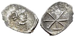 Ancient Coins - Constantine IV Pogonatus (668-685). AR Half Siliqua. Italian mint. Helmeted, draped and cuirassed bust of Constantinopolis. R/ Large TX monogram. VERY RARE