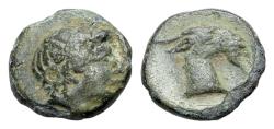Ancient Coins - Aeolis, Aigai, 4th-3rd centuries BC. Æ 10mm. Head of Apollo. R/ Head of goat