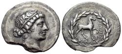 Ancient Coins - AEOLIS, Kyme (Circa 151/0-143/2 BC). AR Tetradrachm. Stephanophoric type. Kallias, magistrate. Head of the Amazon Kyme R/ HORSE