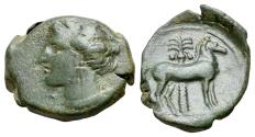 Ancient Coins - The Carthaginians in Sicily and North Africa, Carthage (?) or Sicily circa 340-320, Æ 16mm. Wreathed head of Tanit. R/ HORSE