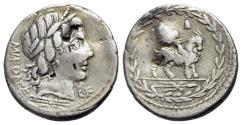 Ancient Coins - Mn. Fonteius C.F.,Rome, 85 BC. AR Denarius. Laureate head of Apollo-Vejovis r.; thunderbolt below, CF before. R/ Cupid riding goat r.