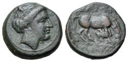 Ancient Coins - Thessaly, Larissa, c. 350-300 BC. Æ Dichalkon. Head of Nymph r. R/ Horse grazing