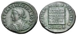 Ancient Coins - Constantine II (Caesar, 316-337). Æ Follis. Alexandria, 325-6. R/ Camp-gate with two turrets